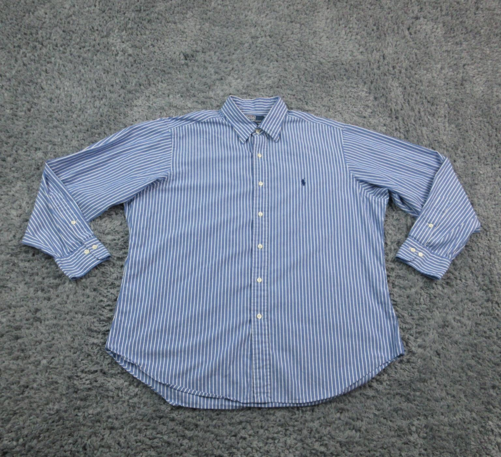 Polo Ralph Lauren Shirt Mens 17 XL Blue White Striped Alcott Cotton Button Up